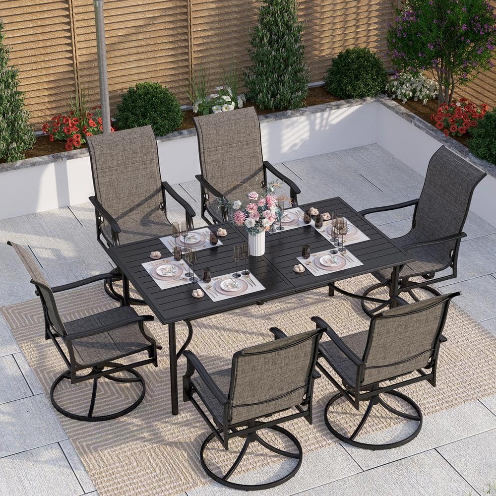 PHI VILLA Black 7-Piece Metal Outdoor Patio Dining Set with Rectangle ...