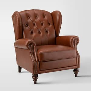 Pablo Brown 33 in. Wide Genuine Leather Arm Chair with Solid Tapered Wood Legs and Classic Wingback Design