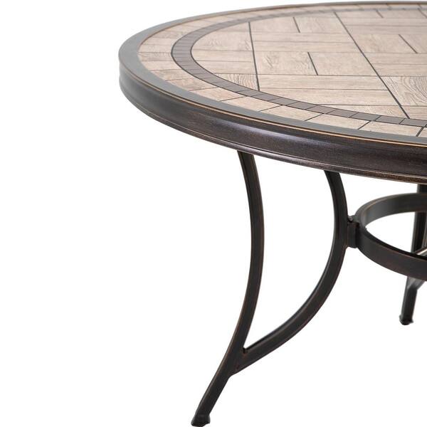 Kadehome 48 In Brown Round All Weather Faux Wood Tile Table Top Dining With Umbrella Hole Wf Kh00284801 - Faux Wood Tabletop Patio Dining Table