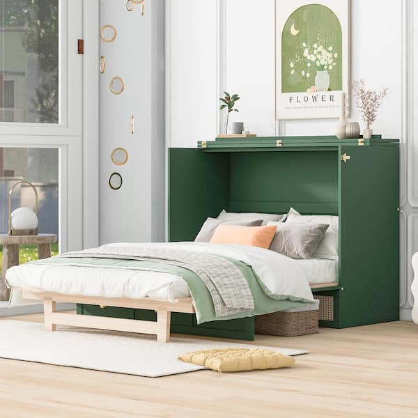 Harper & Bright Designs Green Wood Frame Full Size Murphy Bed with Large Drawer, Rattan Decoration