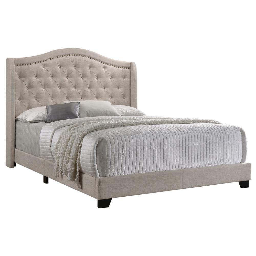 Beige Full Upholstered Bed with Tufted Headboard and Nailhead Trim