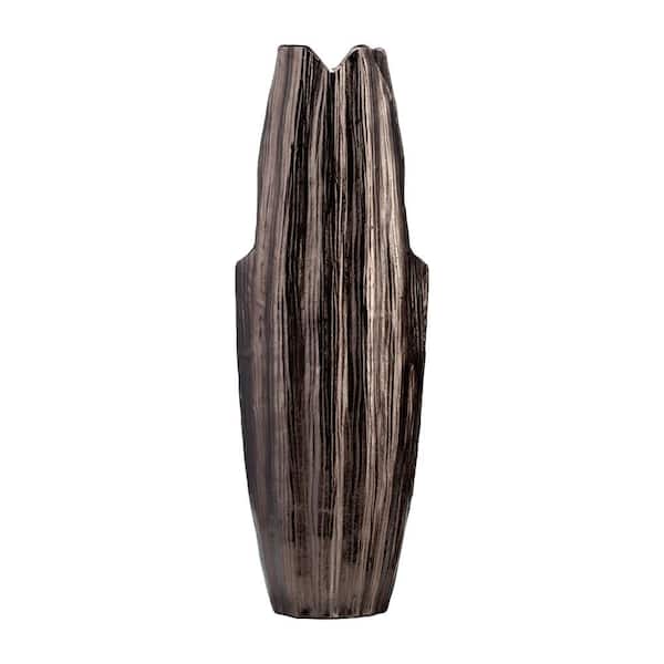 24 in. Black Metal Cylinder Abstract Ridged Design Decorative Vase
