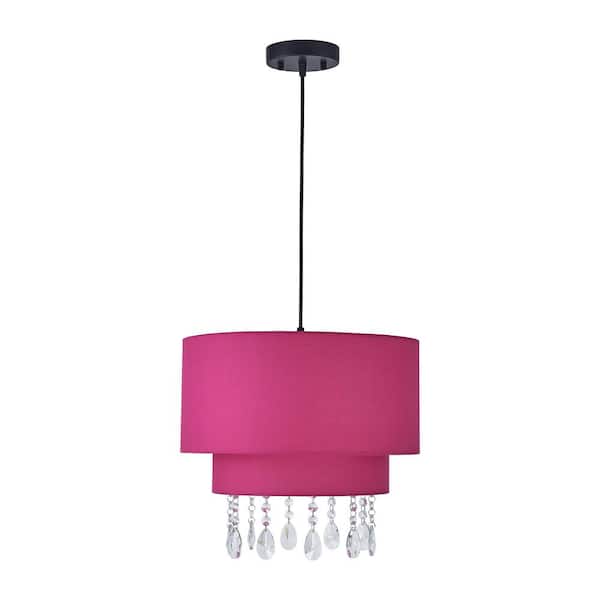 Unbranded 60-Watts 3-Light Pink and Black Shaded Pendant Light with Fabric Drum Shade, No Bulbs Included