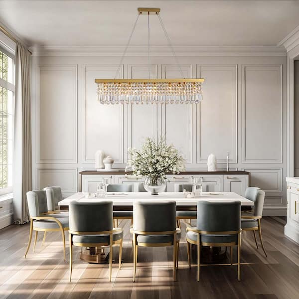 WDETR 40 in. Modern 8-Lights Gold Rectangular Raindrop Crystal Chandelier for Dining Room Kitchen Island