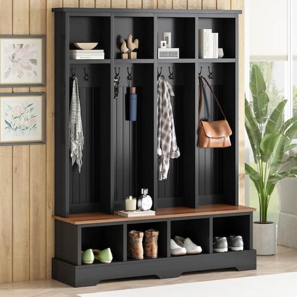 Nestfair 3-in-1 Black Hall Tree with 8 Hooks, Open Compartments