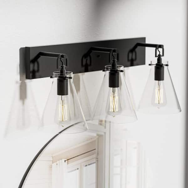 LANSEKI Forrest 24.4 in. Modern 3-Light Matte Black Dimmable Vanity Light with Clear Glass Shade
