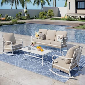 Metal 4-Piece Steel Outdoor Patio Conversation Set With Rocking Chairs, Beige Cushions and Table With Marble Pattern Top
