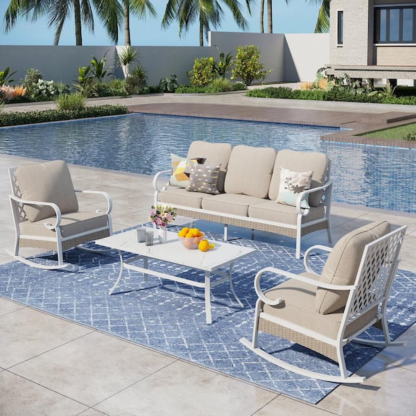 PHI VILLA Metal 4-Piece Steel Outdoor Patio Conversation Set With Rocking Chairs, Beige Cushions and Table With Marble Pattern Top