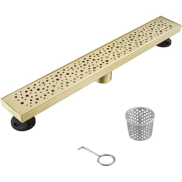 Elegante Drain Collection 24 in. Linear Stainless Steel Shower Drain with Rain Drop Pattern, Zirconium Gold Plating