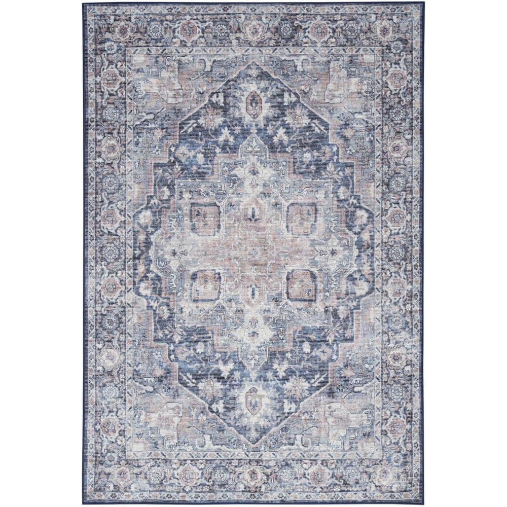 Machine Washable Series 1 Ivory Navy 5 ft. x 7 ft. Distressed Traditional A