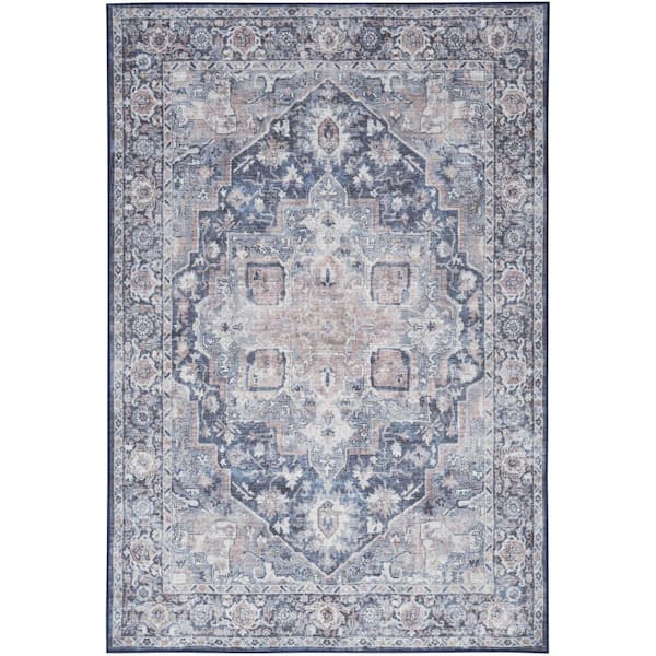 Unbranded Machine Washable Series 1 Ivory Navy 5 ft. x 7 ft. Distressed Traditional Area Rug