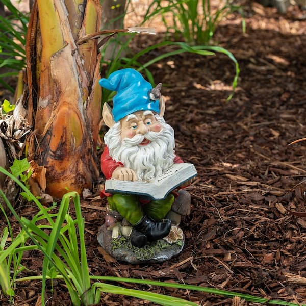 14 in. Tall Outdoor Garden Gnome Reading a Book Yard Statue Decoration