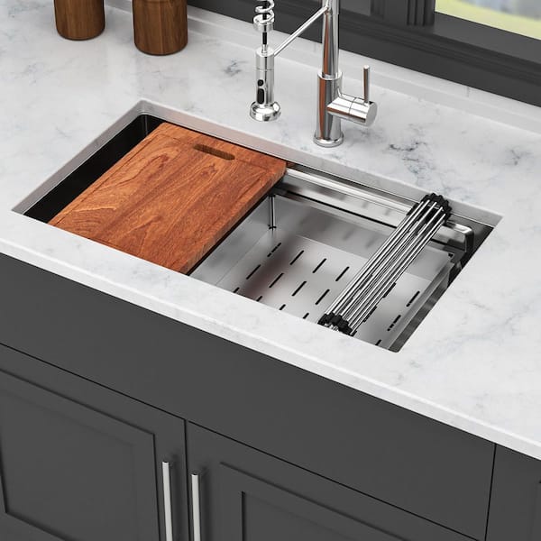 33 in. Undermount Single Bowl 16 Gauge Brushed Nickel Stainless Steel Kitchen Sink with Workstation