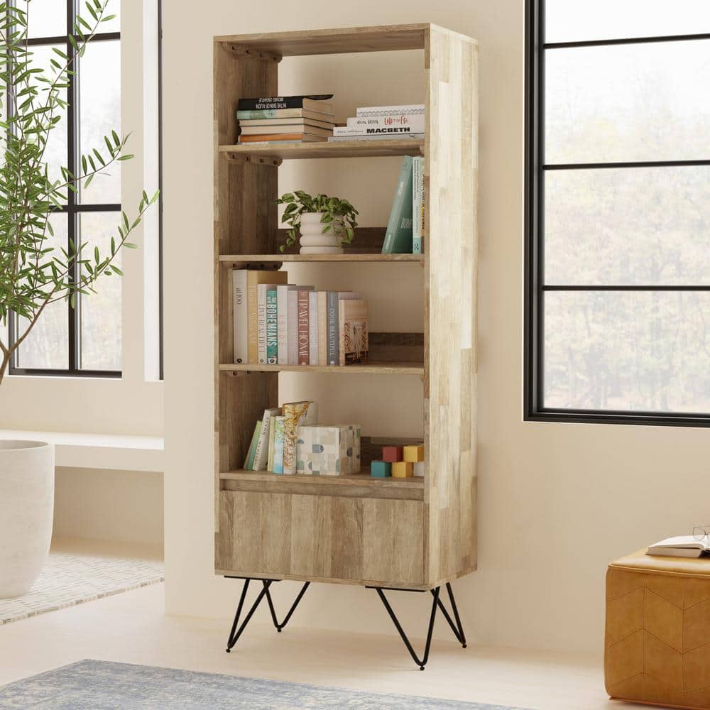 Hunter Natural Solid Mango Wood and Black Metal Tall Bookcase