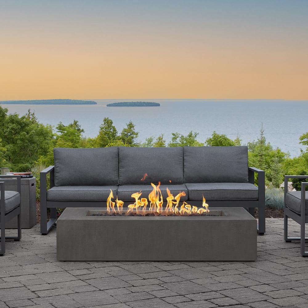 JENSEN CO Matteau Low 60 in. L x 12 in. H Outdoor Rectangular Concrete Composite Propane Fire Table in Carbon with Vinyl Cover