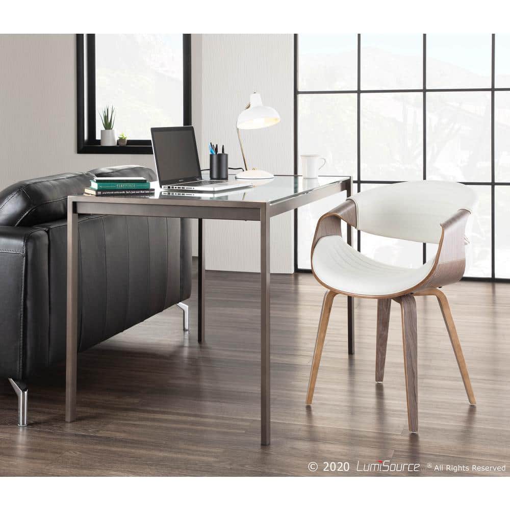 Light Grey Wood and White Faux Leather Mid-Century Arm Chair