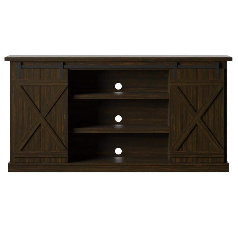 Sawcut Espresso 63" Brown Wood TV Stand with Sliding Barn Doors