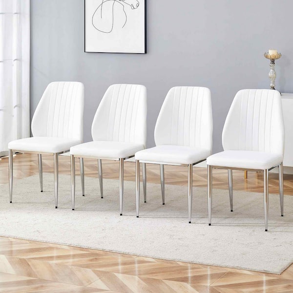 White PU Leather Metal Frame Dining Chairs Set of 4