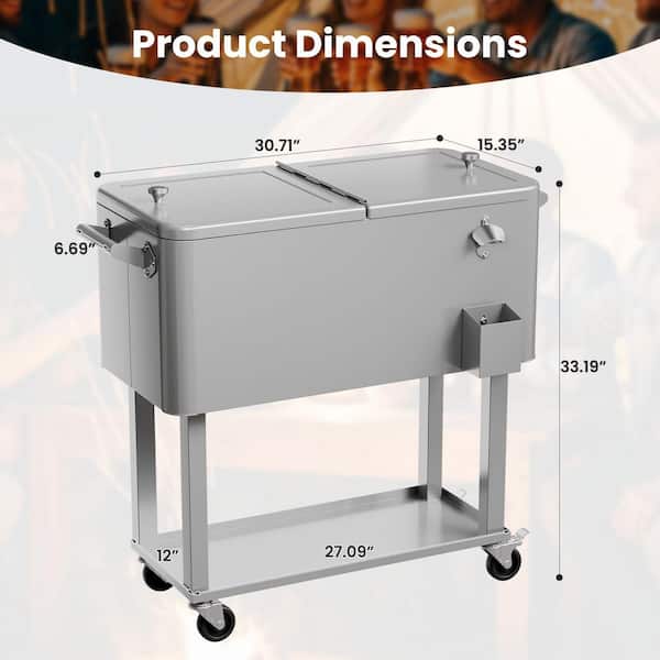 80 qt. Metal Outdoor Patio Cooler, Portable Party Bar Drink Cart on Wheels, Rolling Ice Chest with Shelf, Bottle Opener