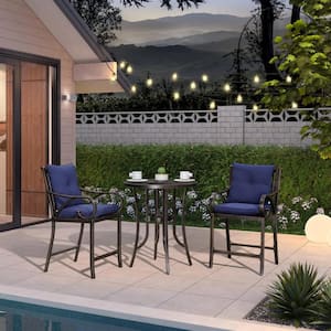Modern 3-Piece Cast Aluminum Outdoor Bistro Set with Back and Arm Navy Blue Cushion Counter Height Metal Bar Chairs
