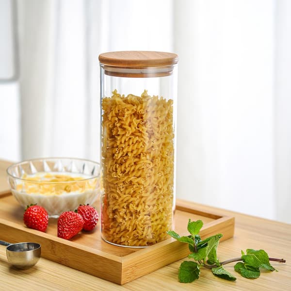 Glass Mini Storage Jars with Bamboo Lids and Display Stand - for Coffee, Sugar, Candy etc.