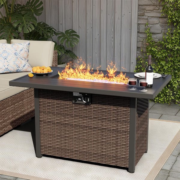 43 in. 50,000 BTU Brown Wicker Outdoor Rectangular Propane Fire Pit Table with Metal Lid and Fire Glass
