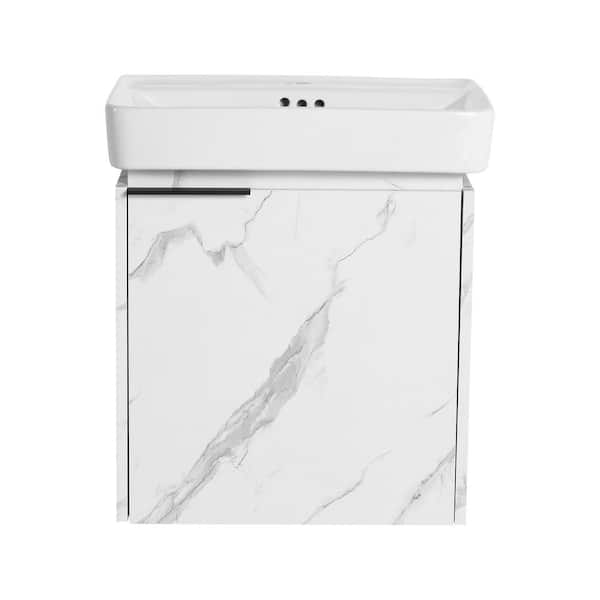 20 in. Single Sink Floating White Bath Vanity with White Ceramic Top, Black Metal Handle