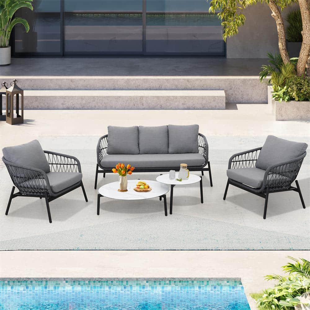 Cesicia Black 5-Piece Metal Outdoor Sectional Set with Grey Cushions ...