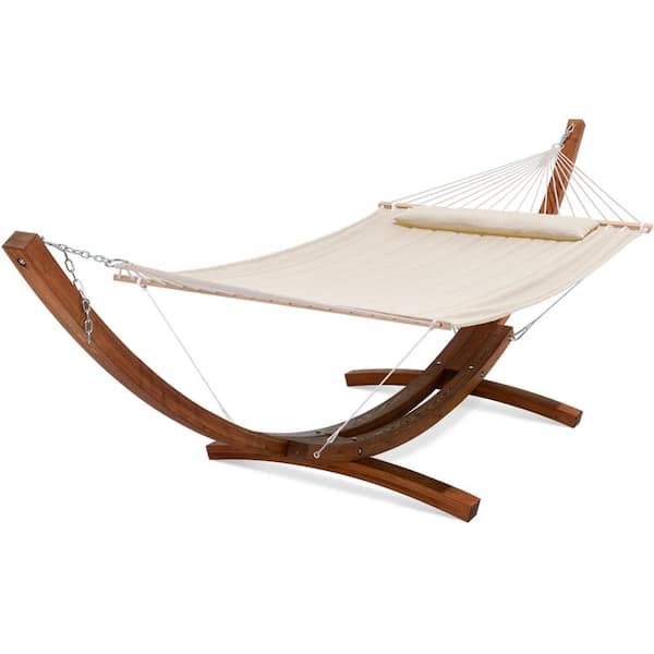 2-Person Large Quilted Hammock Bed with 13.5 ft. Wooden Arc Hammock Bed Stand, Beige
