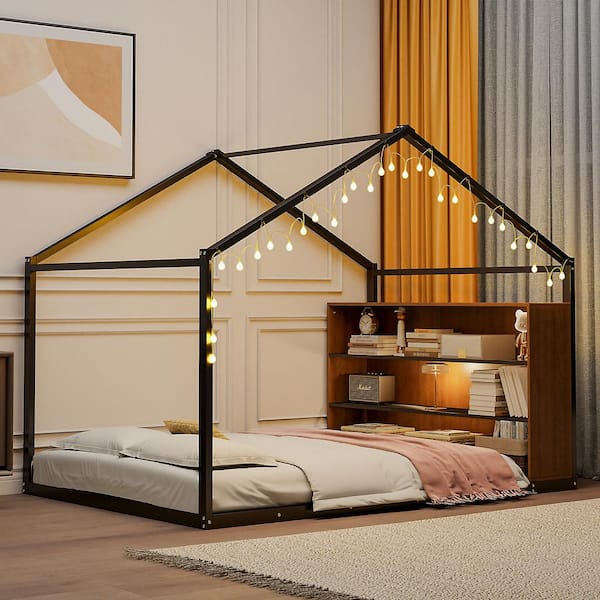 Harper & Bright Designs Black Full Size Metal Frame House Bed with Strip Lights and 3-tier Shelf