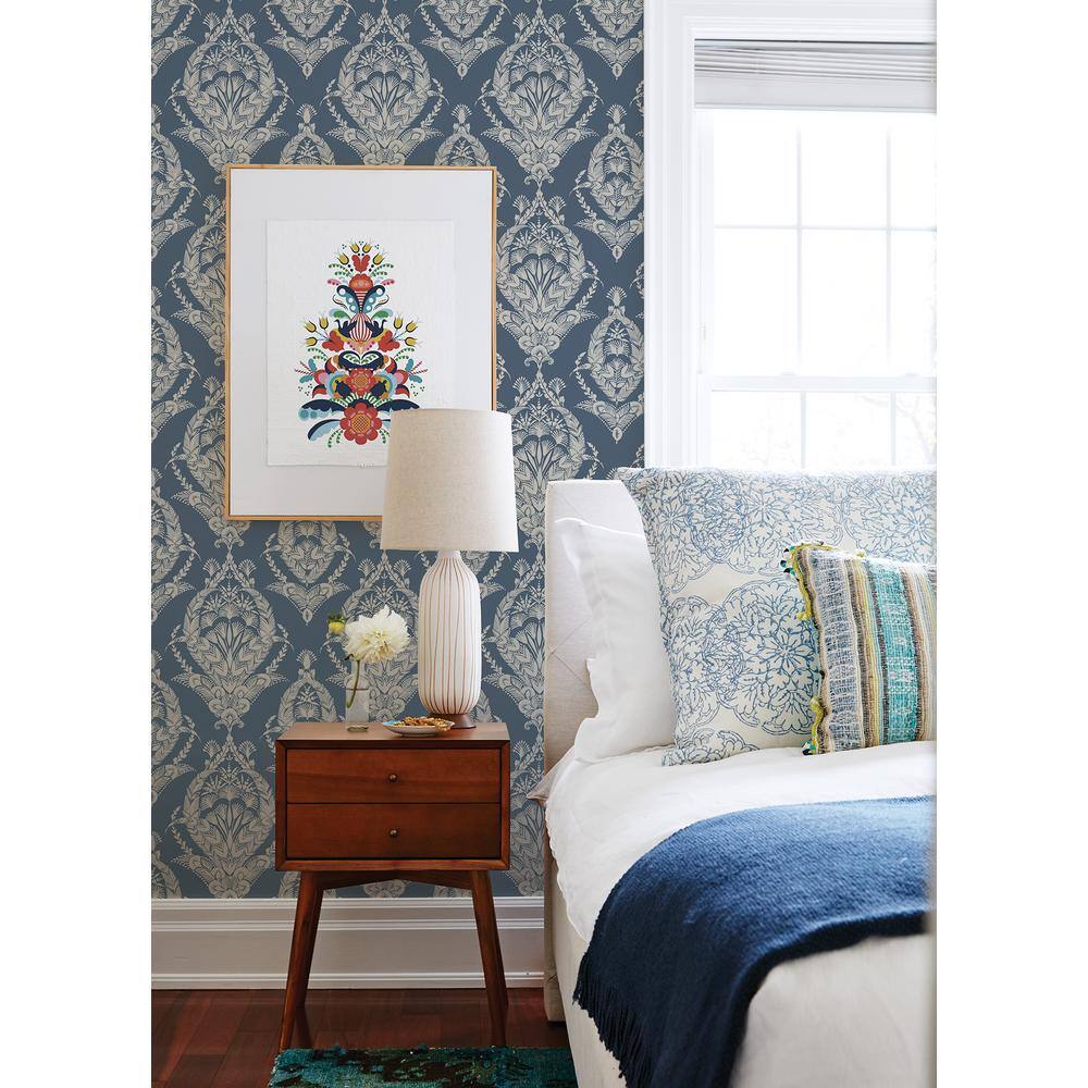 Indigo and White Botanical Damask Non-Woven Wallpaper Roll