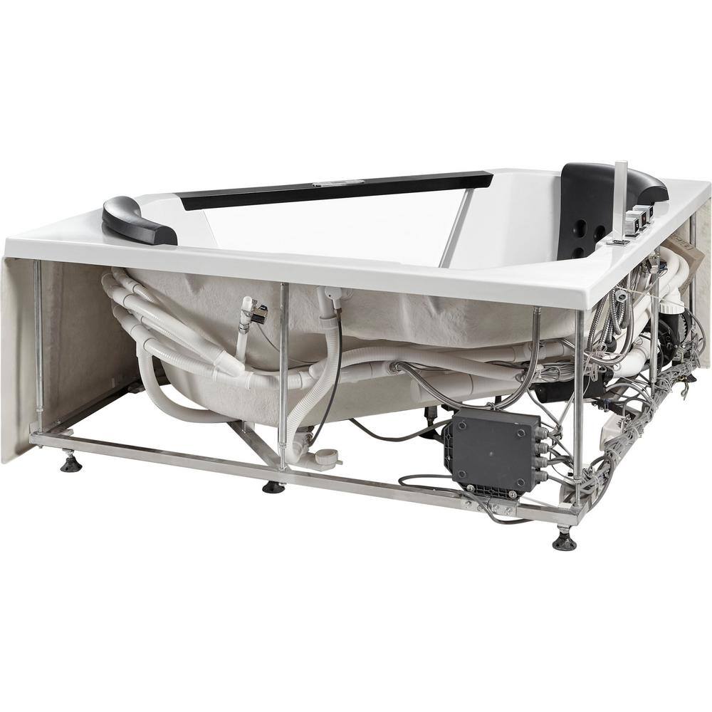 59'' White Acrylic Corner Whirlpool Bathtub with Glass Panel