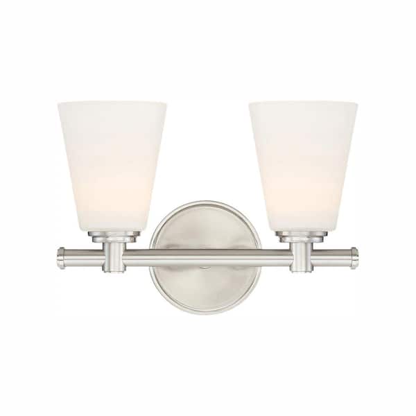 Designers Fountain Parker 12.25 in. 2-Light Integrated LED Satin Platinum Contemporary Vanity with Opal Glass Shades