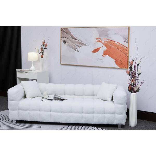 Modern 80 in. W Slope Arm Polyester Upholstered Rectangle Sofa with Metal Legs 3 Seater Couch with 2 Pillows, White