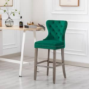 Harper 29 in. High Back Nail Head Trim Button Tufted Green Velvet Counter Stool with Solid Wood Frame in Antique Gray