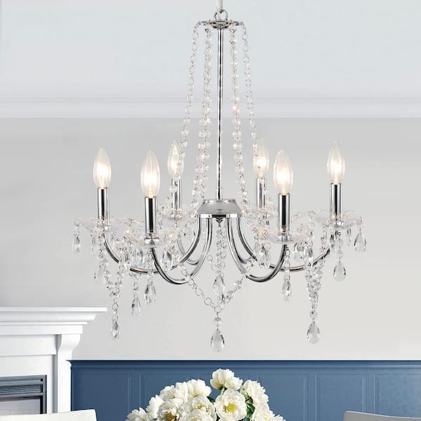 LWYTJO Ellie 6-Light Chrome Traditional Candle Style Crystal Raindrop Chandelier for Bedroom Living Room Kitchen Island Foyer