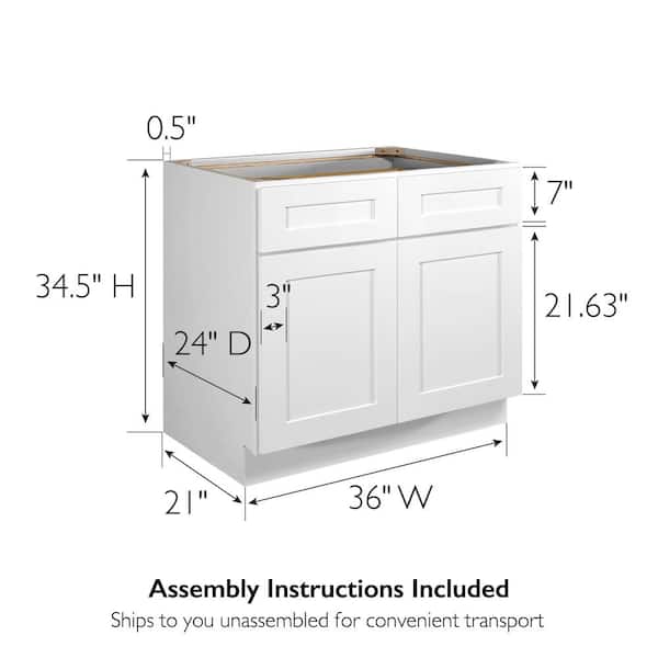 Design House Brookings Solid Wood Ready to Assemble Shaker 36 in. x 34.5 in. x 24 in. 2Door 2Drawer Base Kitchen Cabinet B36 in White