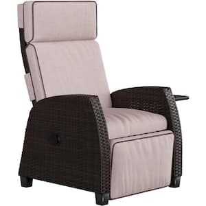 Dark Brown PE Wicker Outdoor Lounge Chair Recliner with Flip Table Push Back and Beige Cushion (1-Pack)