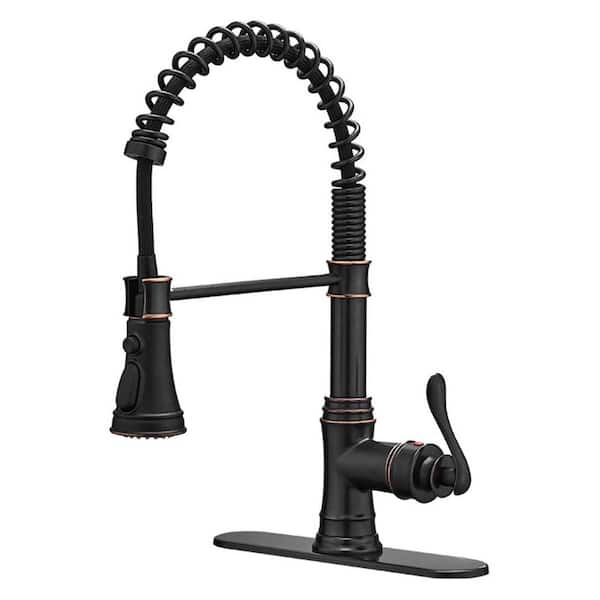 FLG Single-Handle Deck Mount Gooseneck Commercial Kitchen Faucet with Pull Down Sprayer and Deckplate in Oil Rubbed Bronze