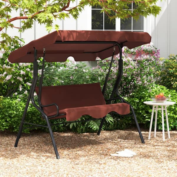 3-Person Metal Outdoor Patio Porch Swing in Brown with Adjustable Canopy Waterproof Cushions for Patio Garden Poolside