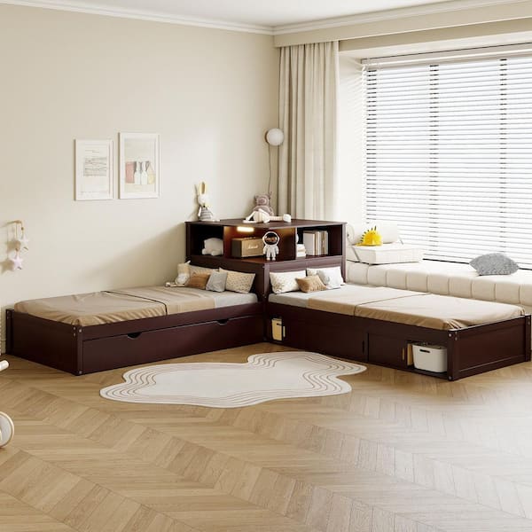 Espresso Brown Wood Frame Twin Size L-Shaped Platform Bed with Trundle, LED Light, Built-in Desk, Slide-Door Cabinets