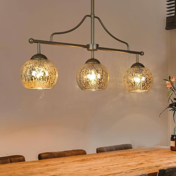 3-Light Modern Gold Kitchen Island Chandelier Lighting, Transitional Linear Pendant Hanging Light with Mercury Glass