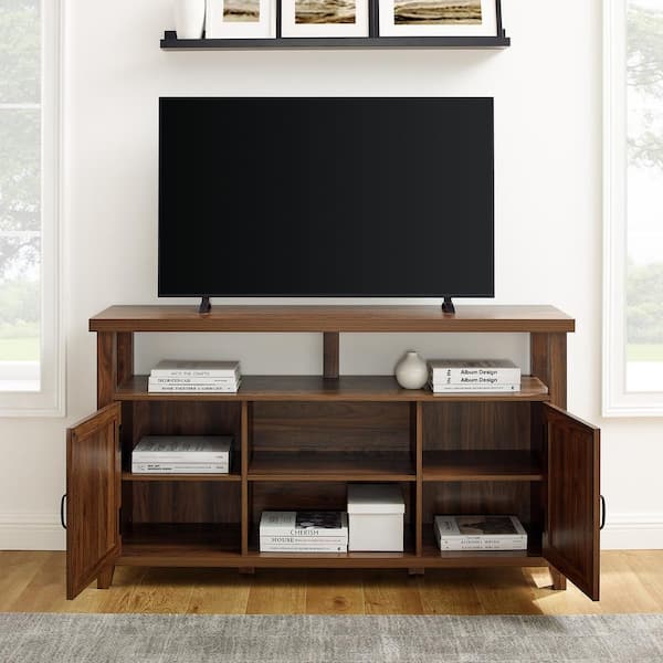 58 in. Farmhouse Dark Walnut Wood TV Stand with 2 Grooved Detail Doors (Max TV Size 65 in.)
