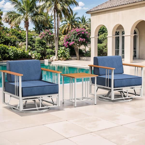 Minimalism Metal 3-Pieces White Outdoor Patio Conversation Rocking Chair Swivel Glide with Table and Blue Cushions