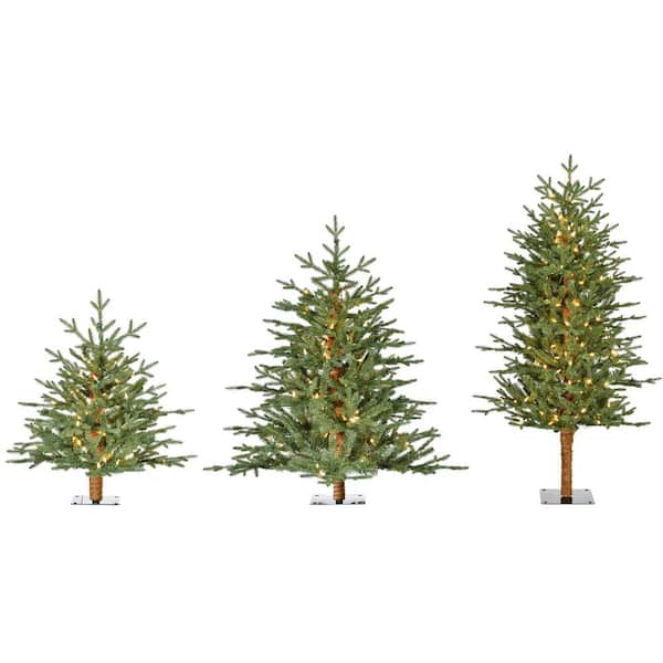 Fraser Hill Farm 2 ft., 3 ft., 4 ft., Green Alpine Artificial Christmas Tree with Warm White LED Lights (Set of 3)
