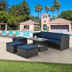 5-Piece Metal Wicker Outdoor Sectional Set with Dark Blue Cushions and Lift Top Coffee Table