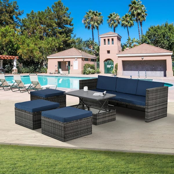 Zeus & Ruta 5-Piece Metal Wicker Outdoor Sectional Set with Dark Blue Cushions and Lift Top Coffee Table