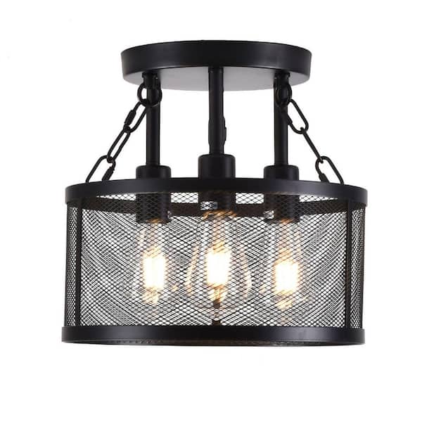 OUKANING 12.6 in. 3-Light Modern Industrial Farmhouse Black Semi-Flush Mount Ceiling Light
