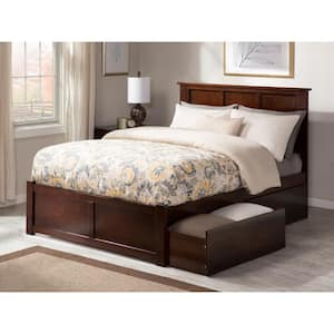 Madison Walnut Full Solid Wood Storage Platform Bed with Flat Panel Foot Board and 2 Bed Drawers