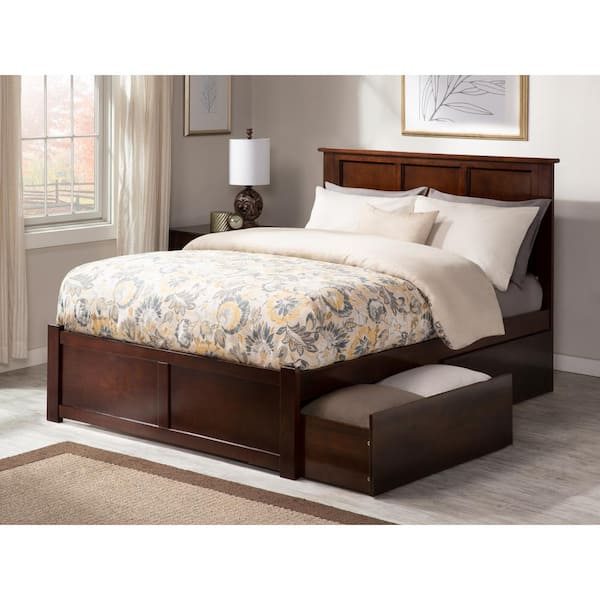 AFI Madison Walnut Full Solid Wood Storage Platform Bed with Flat Panel Foot Board and 2 Bed Drawers
